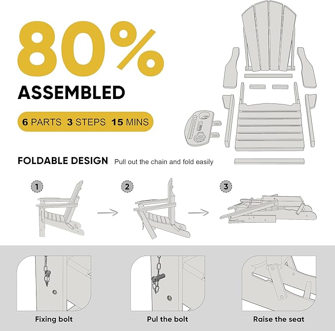 Adirondack Chair, HDPE Folding Adirondack Chair with Multifunctional Cup Holder, Weather Resistant Fire Pit Chair for porches, patios, patios, poolsides, Decks.