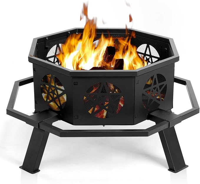 35 Inch Outdoor Fire Pit, Heavy Duty Wood Burning Firepits for Outside, Octagonal Metal Bonfire Fire Pits with Fire Poker for Camping, Backyard, Patio, Garden, Beach, Poolside, Picnic