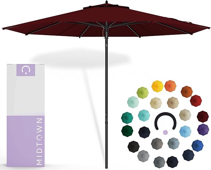Midtown Umbrellas Push Pop Sunbrella Umbrella 9 Feet Outdoor Umbrella in Burgundy Fabric - Patio Umbrella, Backyard Umbrella, Garden Umbrella, Picnic Table Umbrella & Pool Umbrella - Black Pole