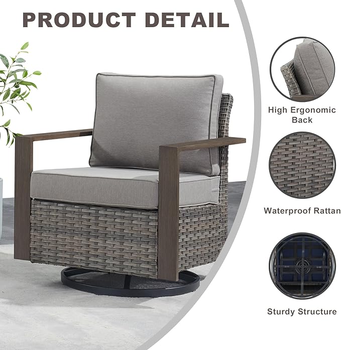 Rilyson Outdoor Wicker Patio Furniture Set - 5 Piece Patio Conversation Set with 2 Wicker Swivel Rocker Chairs,2 Ottoman, 1 Side Table, Thick Cushions, Deep Seating, Wide Armrest(Mixed Grey/Grey)