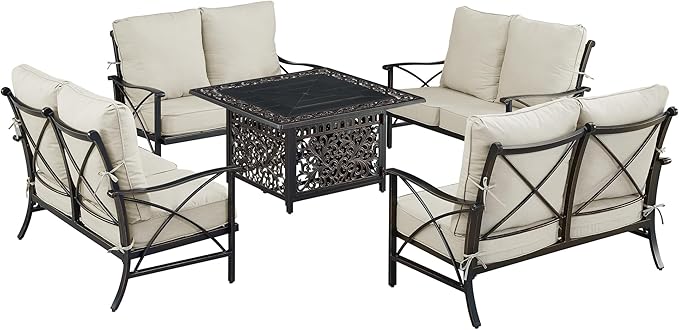 Oakland Living Black Aluminum Patio Fire Table Set with Four Deep Seating Loveseat with Cushions