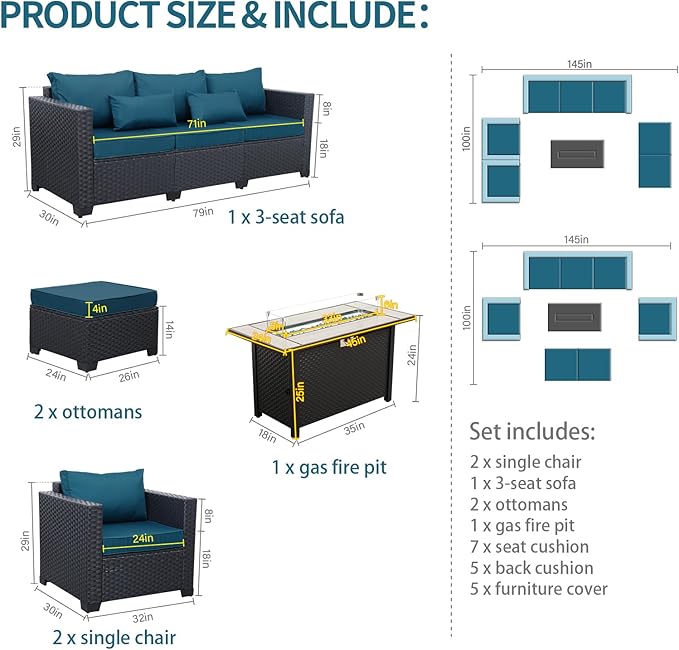 Outdoor Patio Furniture 60000 BTU Outdoor Propane Fire Pit Table Patio Furniture Set 45 In Outdoor Fire Pits 6 Pieces Patio Sofa Outdoor Chairs Anti-slip Cushions Waterproof Covers, Peacock Blue