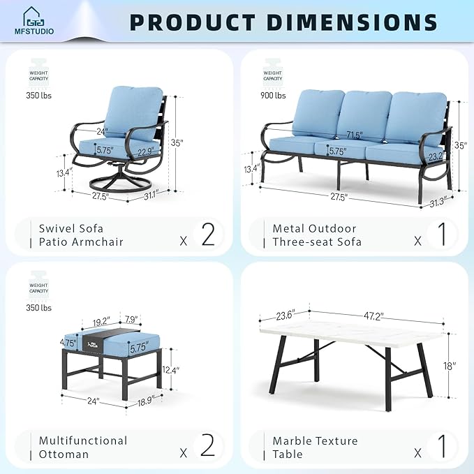 MFSTUDIO 6 Pieces Metal Patio Furniture Sets, 2 Swivel Chair, 1 Deep Seating 3-Seat Sofa, 2 Ottoman & 1 Marbling Coffee Table, All Weather 7 Seats Outdoor Conversation Set for Garden Backyard, Blue