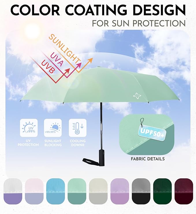 UV Travel Umbrella for Sun Protection & Rain, Compact Windproof Folding, Refined craftsmanship, Auto Open/Close, 43" Canopy with color coating, UPF 100+ UV Blocking, TSA Approved