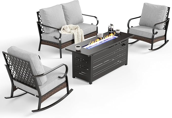 SUNSHINE VALLEY 4 Piece Metal Outdoor Patio Furniture Sets with Firepit Table, Patio Conversation Sets 1 2-Seater Sofa, 2 Rocking Sofa with 5.75" Cushion Black Backyard Furniture for Deck, Light Gray