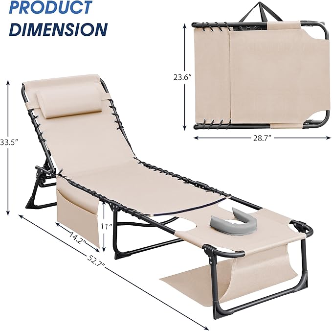 Flamaker Face Down Chaise Lounge Chair 5-Position Adjustable Sunbathing, Foldable Tanning Chair with Face& Arm Holes, Outdoor Recliner Chair for Pool, Beach, Patio, Lawn (Beige, 1 Pcs)