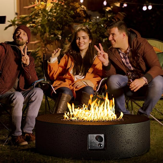 COSIEST 42 inch Outdoor Propane Fire Pit Coffee Table w Concrete Round Base Patio Heater, Certified, 50,000 BTU Stainless Steel Burner, Free Lava Rocks, Rain Cover, Tank Cover