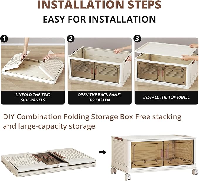 Extra Large Stackable Storage Bins, Folding Plastic Boxes with Magnetic Doors and Wheels, 6 Pack Stackable Containers, Collapsible Closet Organizer Cubes for Bedroom, Dorm, Garage, Christmas Gift