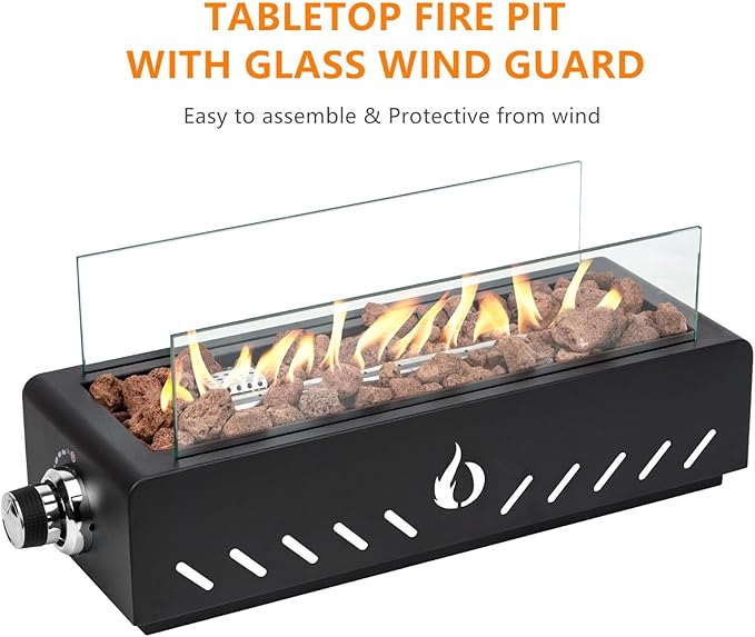 ONLYFIRE OUTDOOR LIVING 18" Tabletop Propane Gas Fire Pit Bottom-mounted for Table with Umbrella Hole, Portable Smokeless Firepit with Glass Wind Guard for Patio Backyard Camping RV Tailgating, #FP027
