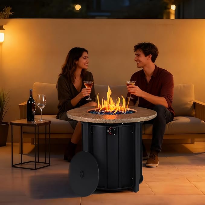 30 Inch Round Propane Fire Pit Table,50000 BTU Outdoor Gas Firepit with Automatic Ignition & Lid Cover,Iron Steel Firepit for Outside,Patio,Deck,Backyard w Glass Stones & Rain Cover