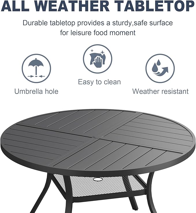 VICLLAX Round Patio Dining Table, 4-6 Person Metal Outdoor Dining Table with Umbrella Hole and Storage Shelf for Garden Lawn Deck, 47.2" Black