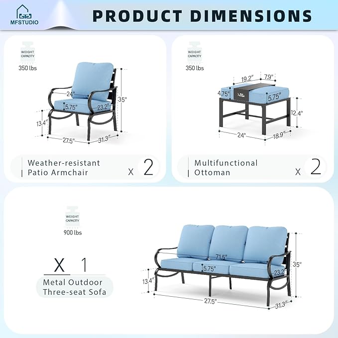 MFSTUDIO 5 Pieces Patio Conversation Sets,Outdoor Metal Furniture Sofas with 1 x 3-Seat Sofa, 2 x Sofa Chairs,2 x Ottoman,Wrought Iron Frame with Blue Cushion for Patio Courtyard Balcony