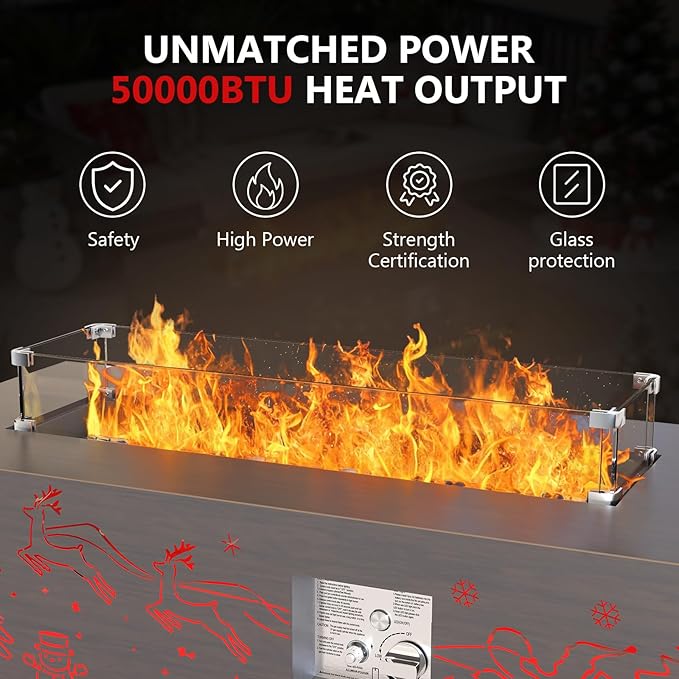 Dineli Propane Fire Pit Table 42 Inch Gas Fire Pits & Outdoor Fireplaces, Tabletop Fire Pit Firepits for Outside Patio, 50,000 BTU (Gray, Christmas Pattern with RGB Light)