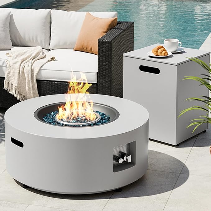 TLGREEN 30in Propane Fire Pit Table Set,2 in 1 Round Patio Table,50,000 BTU,Rain Cover,Outdoor Gas Firepit,304 Stainless Burner,Adjustable Legs, Blue Glass for Backyard, Garden,Pool,Balcony,light grey