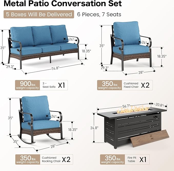 SUNSHINE VALLEY 6 Piece Metal Outdoor Patio Furniture Sets with Firepit Table, Patio Conversation Sets 1 3-Seater Sofa, 2 Leg Sofa and 2 Rocking Chair with 5.75" Cushion for Backyard Deck, Denim Blue