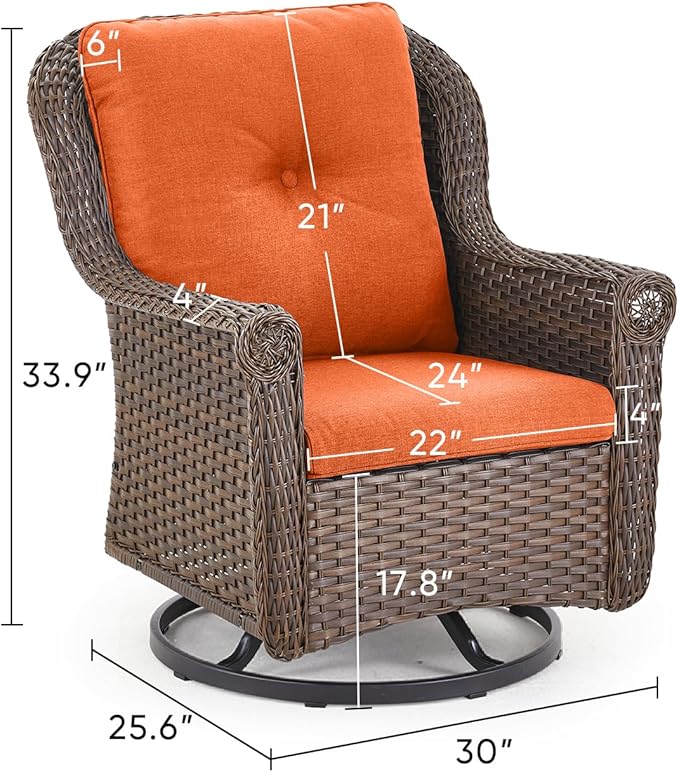 Patio Chairs Outdoor Swivel Glider - Set of 2 High Back Outside Brown Wicker Rattan Rocking Chair with Zippered Cushion for Porch Apartment Deck Yard Poolside Garden - Orange