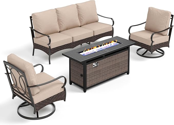 Patio Furniture Set with 56" Fire Pit Table, Premium Outdoor Wicker Metal Frame Furniture with Upgraded Waterproof Thick Cushions for Porch, Poolside, Deck, and Yard（4 Pieces,Beige