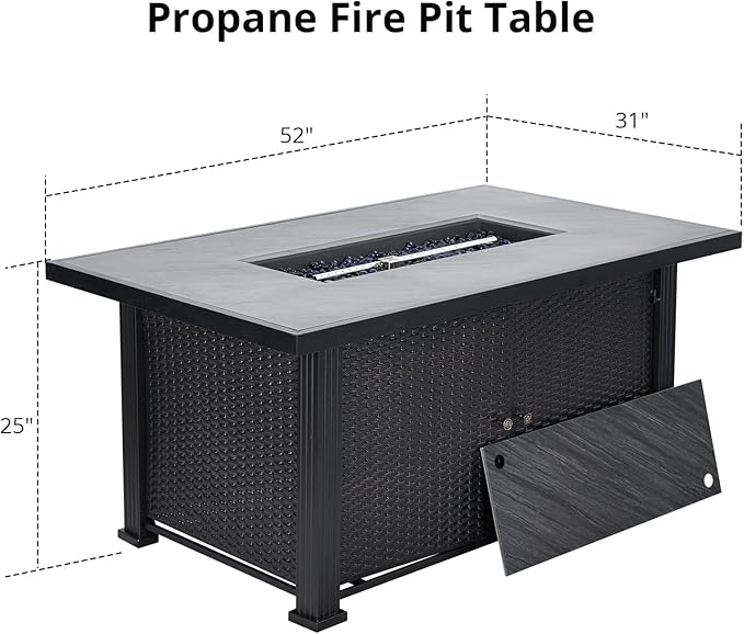 52" Propane Fire Pit Table, 2-in-1 50,000 BTU Rectangular Outdoor Gas Firepit with Glass Guard, Tabletop Lid, Storage Space & Covers, Patio Heater for Backyard, Deck & Garden