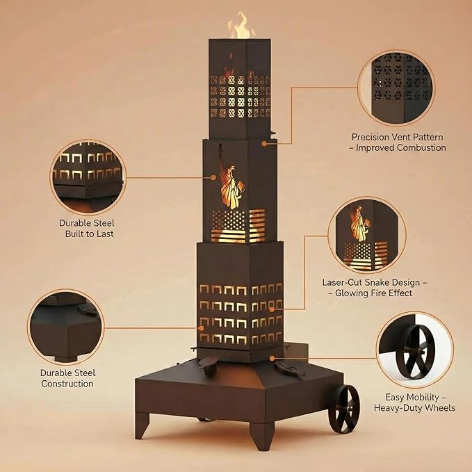 51" Smudge Pot Heater with Wheels, 7-Gallon Waste Oil Patio Heater,Heavy-Duty Steel Pyramid Design,Portable Fireplace for Backyard, Porch, Patio and Garden(Statue)