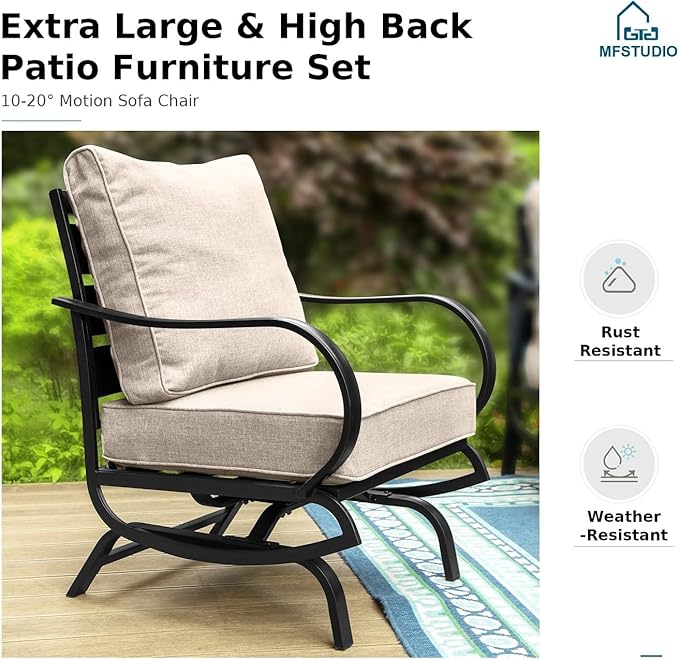 MFSTUDIO 8 Pieces Patio Furniture Sets with 45" Gas Fire Pit Table(Up to 9 Seat), Outdoor Metal Conversation Sofas with 1 x 3-Seat Sofa, 2 Single Chairs, 2 Rocking Chairs and 2 Ottoman, Beige Cushion