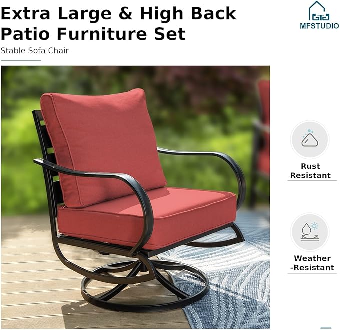 MFSTUDIO 7 Pieces Metal Patio Furniture Sets, 2 Swivel Chairs, 3-Seat Deep Seating Sofa, 2 Single Couch and 2 Ottoman, All Weather 9 Seats Outdoor Conversation Set for Garden Backyard, Burgundy Red