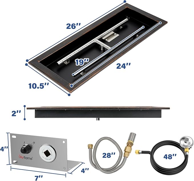Skyflame 24 x 8 Inch Rectangular Fire Pit Pan Kit, Black Drop-in Fire Pit Pan and Burner, Come with Spark Ignition and Propane Hose, Indoor/Outdoor Fire Table DIY Decorative