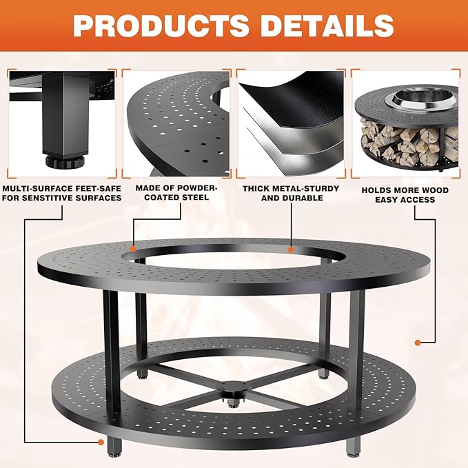 Fire Pit Surround Tabletop for Solo Stove Bonfire 1.0&2.0,Ranger 1.0&2.0, 41" Fire Pit Surround Tabletop with Wood Storage Shelf,Powder-Coated Steel Surround Tabletop with Extra Space and Raised Stand