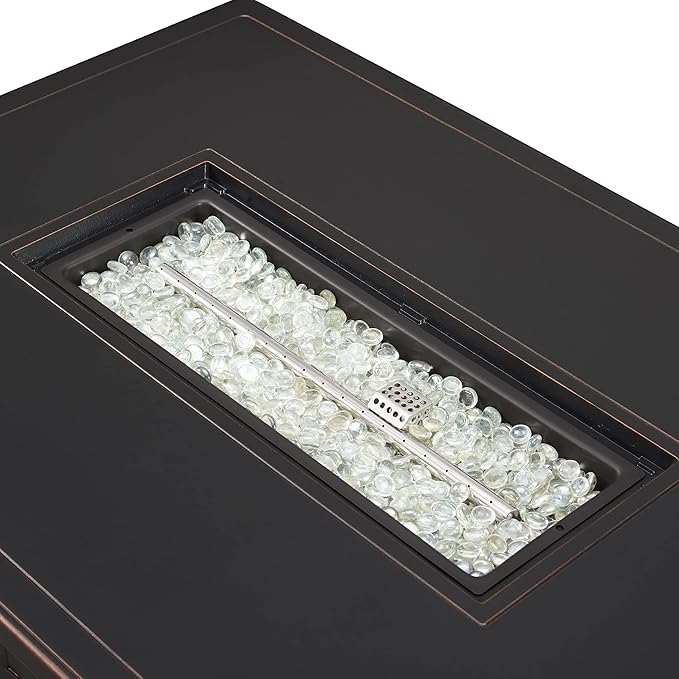 Fire Sense 63700 Preston Basketweave Aluminum Convertible Gas Fire Pit Table 45,000 BTU Multifunctional Outdoor Firepit with Fire Bowl Lid Nylon Cover Clear Fire Glass Bronze Finish - Rectangular 44"