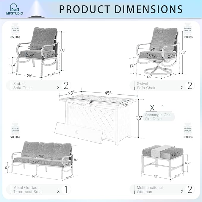 MFSTUDIO 8 Pieces Patio Furniture Sets with 45" Gas Fire Pit Table(Up to 9 Seat),Outdoor Metal Conversation Sofas with 1 x 3-Seat Sofa, 2 Single Chairs,2 Swivel Chairs and 2 Ottoman,Navy Cushion
