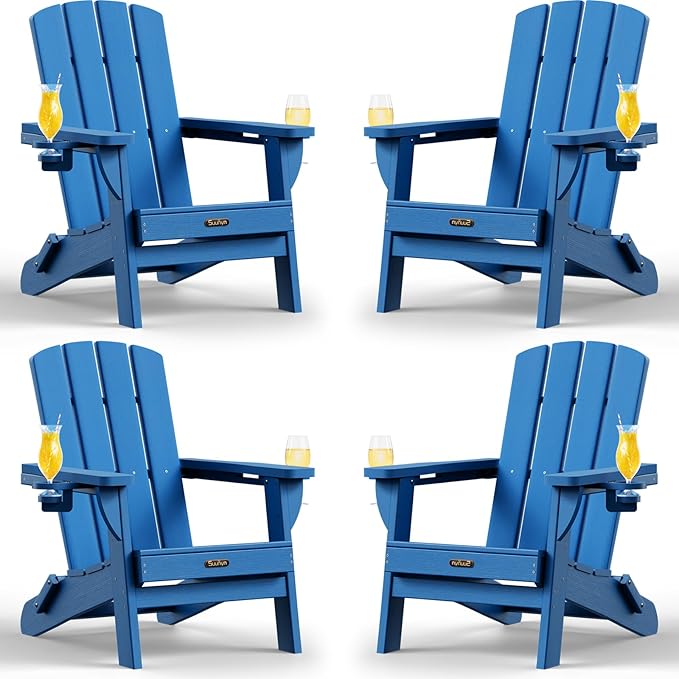 Folding Adirondack Chair 4 Pack, HDPE All-Weather Fire Pit Chairs, Plastic Adirondack Chairs with 2 Cup Holder, Outdoor Lawn Chair for Patio Garden (Royal Blue)