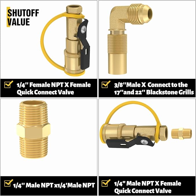 6FT Propane Quick Connect Hose for RV to Gas Grill, RV Quick Connect Propane Hose to RV 1/4" Female Quick Disconnect, with 1/4" Safety Shutoff Valve & Elbow Adapter for Blackstone 17"/22" Griddle