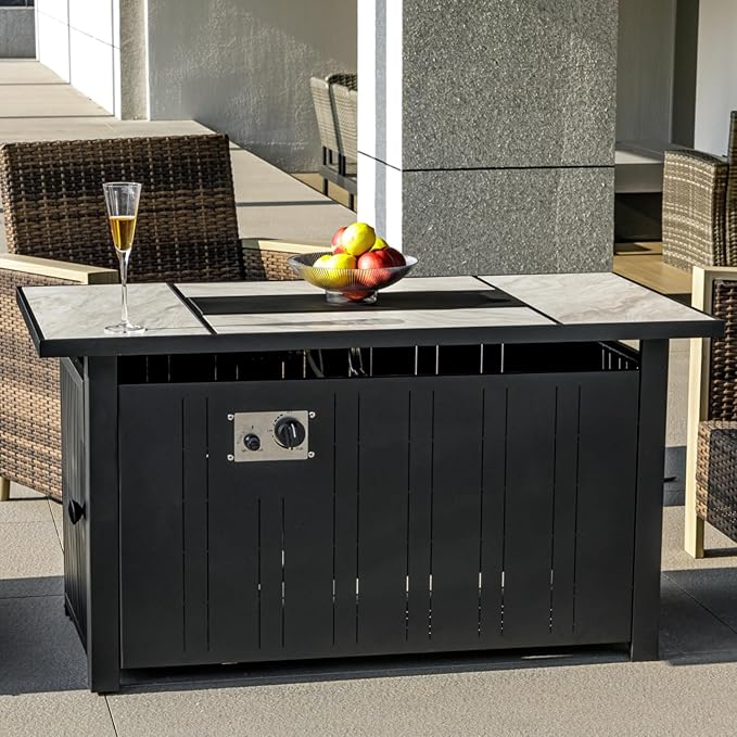 47" Propane Fire Pit Table with Real Ceramic Tabletop, 50000 BTU Gas Firepit Table with Lid & Lava Stones, Outdoor Fire Pit for Dining or Party, Firepit for Outside, Patio