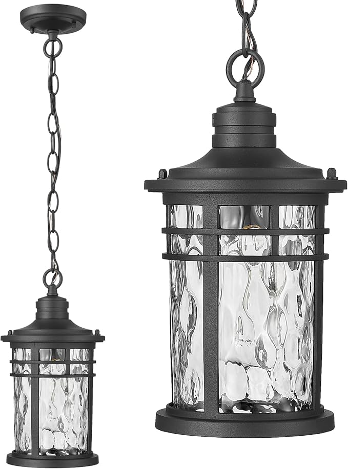 Naxttii Outdoor Pendant Lights for Porch Aluminum Hanging Porch Light with Water Ripple Glass Hanging Lantern for Front Patio Gazebo Foyer or Garage