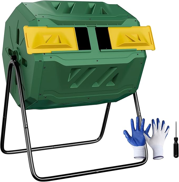 Saicool 43 Gallon Large Dual Chamber Composting Tumbler Outdoor Garden Rotating Compost Bin Tumbling Composter with Sliding Door, Green
