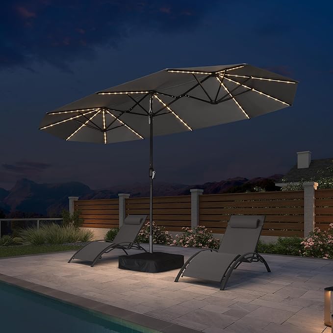 PURPLE LEAF 13ft Patio Market Umbrella with Solar LED and Base Double-Sided Rectangle Outdoor Table Sun Umbrellas with Crank for Pool Beach Deck Backyard Light Gray