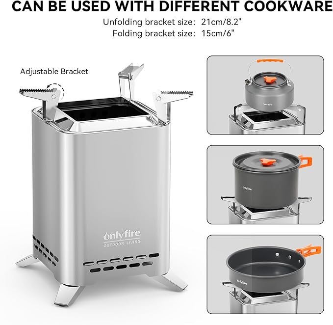 ONLYFIRE OUTDOOR LIVING 2-in-1 Smokeless Fire Pit with Pot Bracket & Carry Bag, Portable Camping Stove Tabletop Fireplace for Patio Backyard RV Tailgating, Sliver 9", FP052