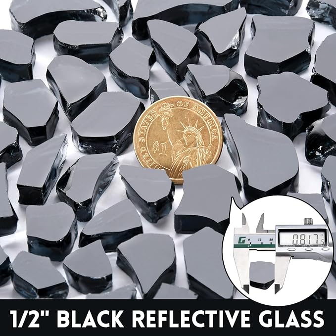 GasSaf 1/2 Inch Fire Glass Reflective Tempered Fireglass Cut Crushed FireGlass for Fire Pit, Fireplace, Replaces Existing Gas Logs & Lava Rocks (10 Pound)(Black Reflective)