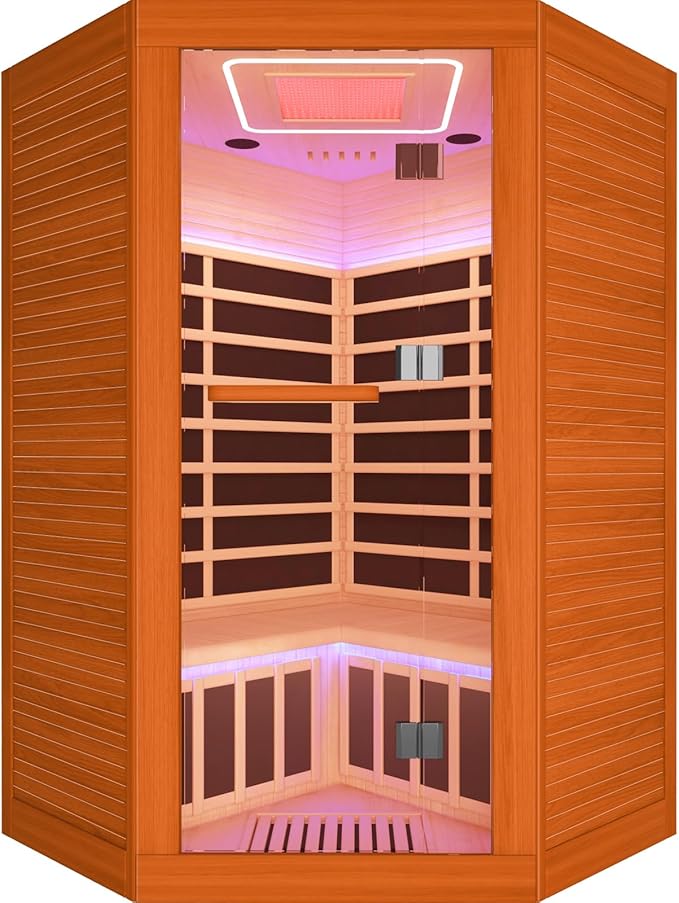 2-3 Person Sauna Corner Sauna Far Infrared Saunas Room Home Canadian Hemlock Indoor 2100W Low-EMF Dry Saunas with Red Light Therapy Beauty Lamp 47.2 * 47.2 * 74.8inch