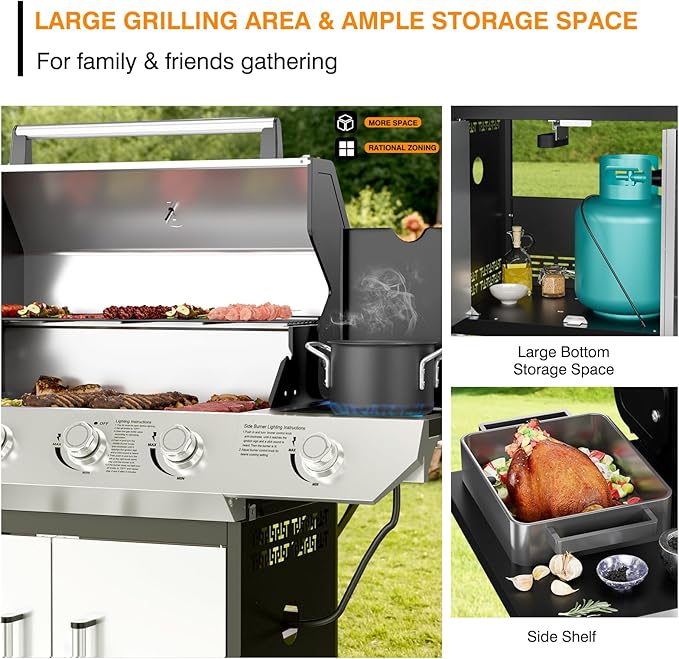 4-Burner Propane Gas Grill with Side Burner Led Knob, 60,000 BTU Stainless Steel Outdoor BBQ Grill with Porcelain-Enameled Cast Iron Grates for Outdoor Cooking