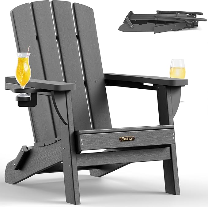 Folding Adirondack Chair, HDPE All-Weather Fire Pit Chairs, Plastic Adirondack Chairs with 2 Cup Holder, Outdoor Lawn Chair for Patio Garden (Grey)