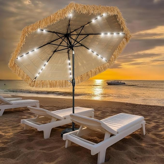 9 FT Solar Thatch Tiki Umbrella, Hawaiian Style Straw Umbrella, UPF 50+ Patio Umbrellas with 32 LED Lights for Beach, Pool,Garden