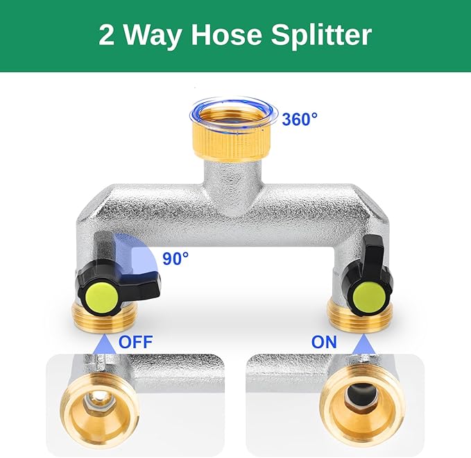 EEEKit Garden Hose Splitter 2 Way, 3/4" GHT Spigot Faucet Hose Pipe Tap Splitter, Nickel-Plated Brass Water Hose Manifold with Shut Off Valve