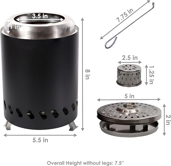 Sunnydaze Tabletop Smokeless Fire Pit with Foldable Legs, Storage Bag, and Poker - Pellet or Wood Burning Portable Fire Pit for Camping - 8-Inch H - Black
