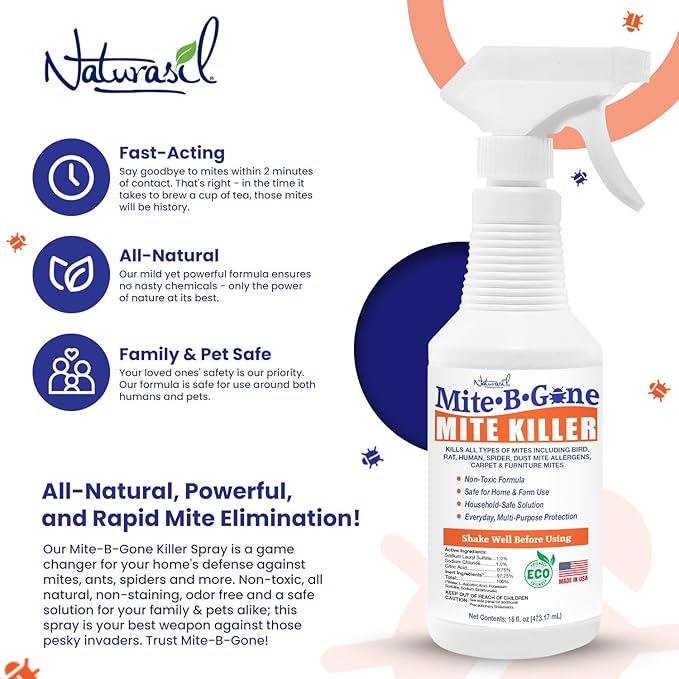 Mite Killer Spray by Mite-B-Gone — Kills Human Mites, Bird, Dust, Spider, Rat, Turkey, Carpet Mites. Treatment for Homes, Furniture, Bedding, Auto & Animals | Non-Toxic | Kid & Pet Safe | 16oz Spray
