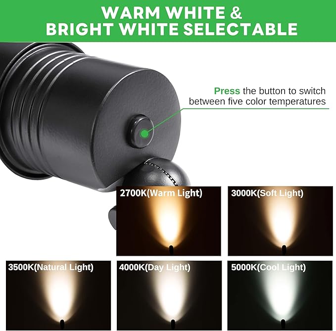 Varmtalys Landscape Spot Lights Outdoor - Warm & Cool White Low Voltage Spotlights Waterproof, 12V Adjustable White Accent Lights, All Metal Wired Aluminum, Black for Fountain Sign 12 Pack