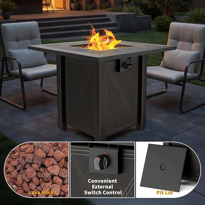 HOTEAGLE 30" Propane Fire Table with Premium Ceramic Tabletop, 50000 BTU Powerful Gas Firepit Table - Includes Lid and Lava Rocks, Ideal Outdoor Fire Fit for Dining, Party in Patio, Garden, Yard