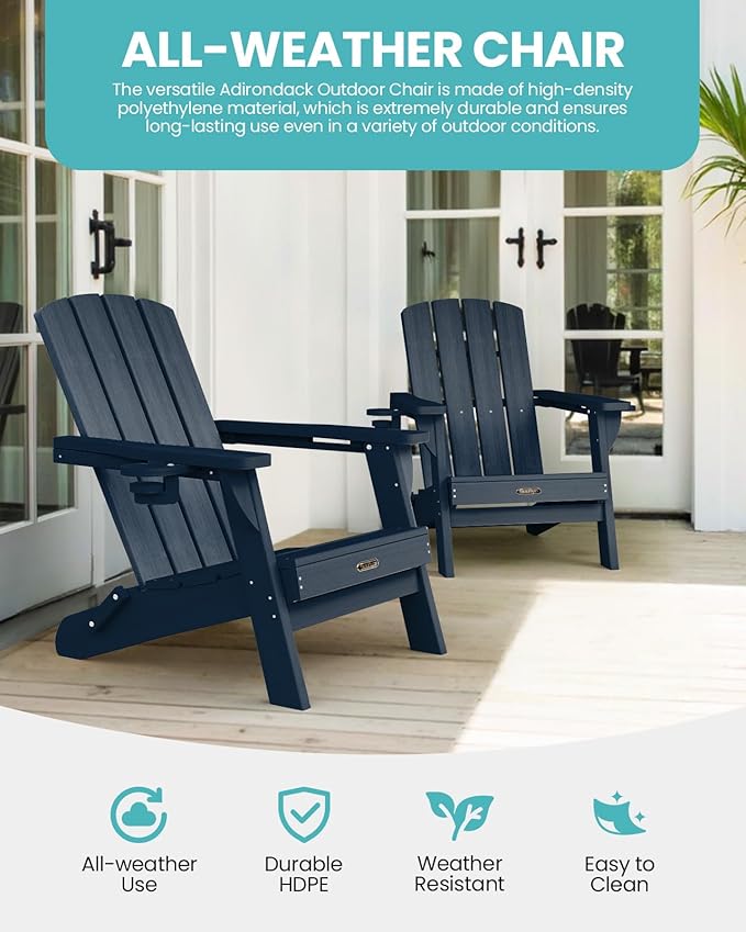 Folding Adirondack Chair 2 Pack, HDPE All-Weather Fire Pit Chairs, Plastic Adirondack Chairs with 2 Cup Holder, Outdoor Lawn Chair for Patio Garden (Navy Blue)