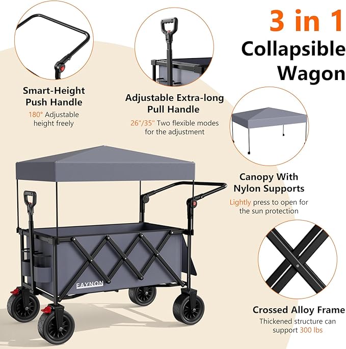 3 in 1 Collapsible Wagon with 300lbs Weight Capacity,150L Heavy Duty Utility Cart with Removable Canopy,with Big All-Terrain Beach Wheels & Drink Holders,Gray