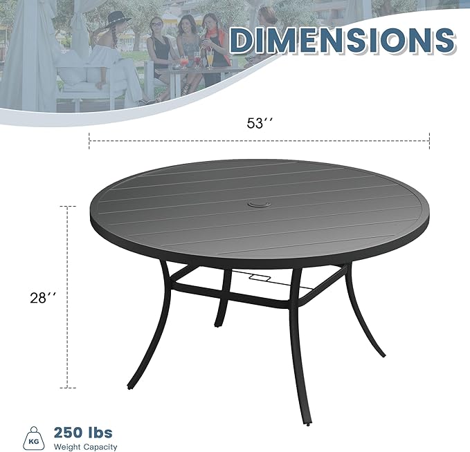 DIFY Patio Round Dining Table, 53" All Weather Round Outdoor Table with 1.57" Umbrella Hole for 8 Person, Perfect for Yard, Balcony and Lawn, Black Tabletop