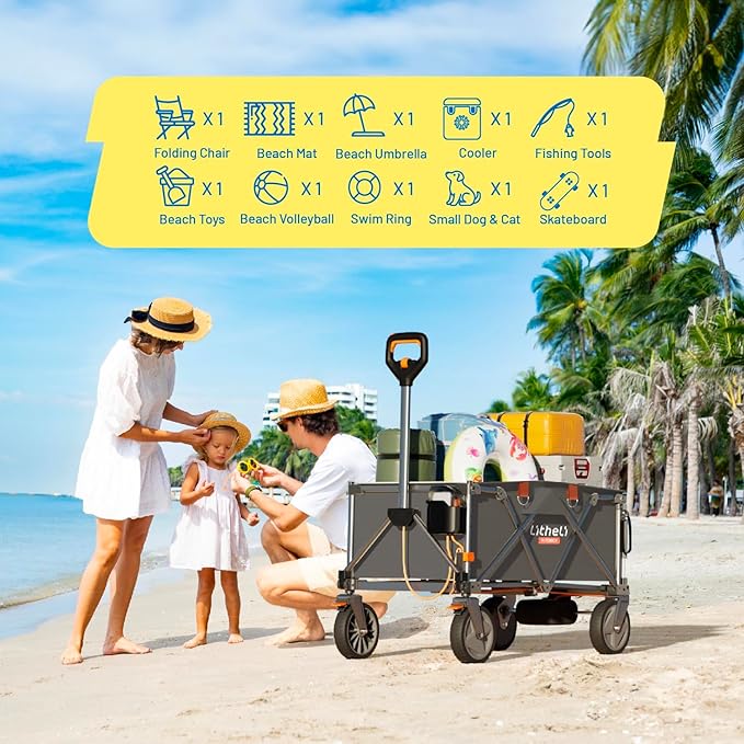 Litheli Electric Wagon Cart with 2 Batteries, All-Terrain Wheels & Variable Speed | 200L Capacity, 300 lbs Heavy-Duty Utility Wagon for Camping Beach Garden Shopping, Grey